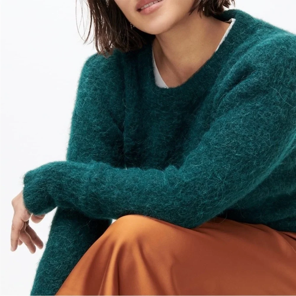J. Crew Puff Sleeve Fuzzy Crewneck Sweater In Old Forest Alpaca Merino Blend XS